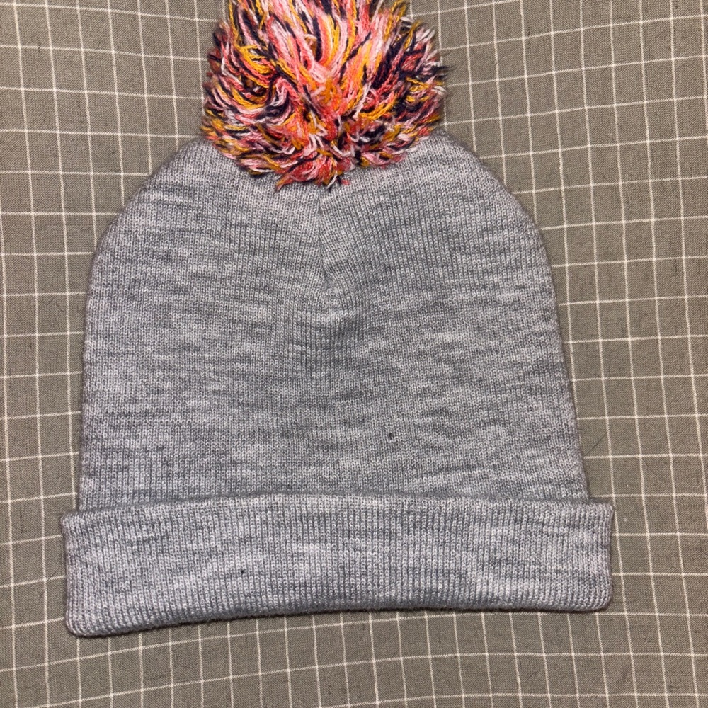 Gray and Pink Knit Beanie with Pom-Pom